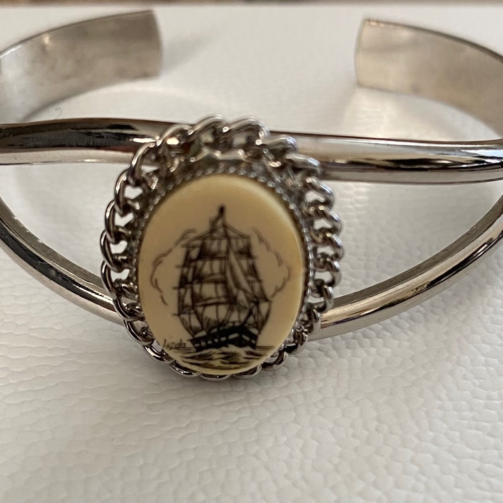 Vintage Painted Chrimsaw Ship cuff Bracelet